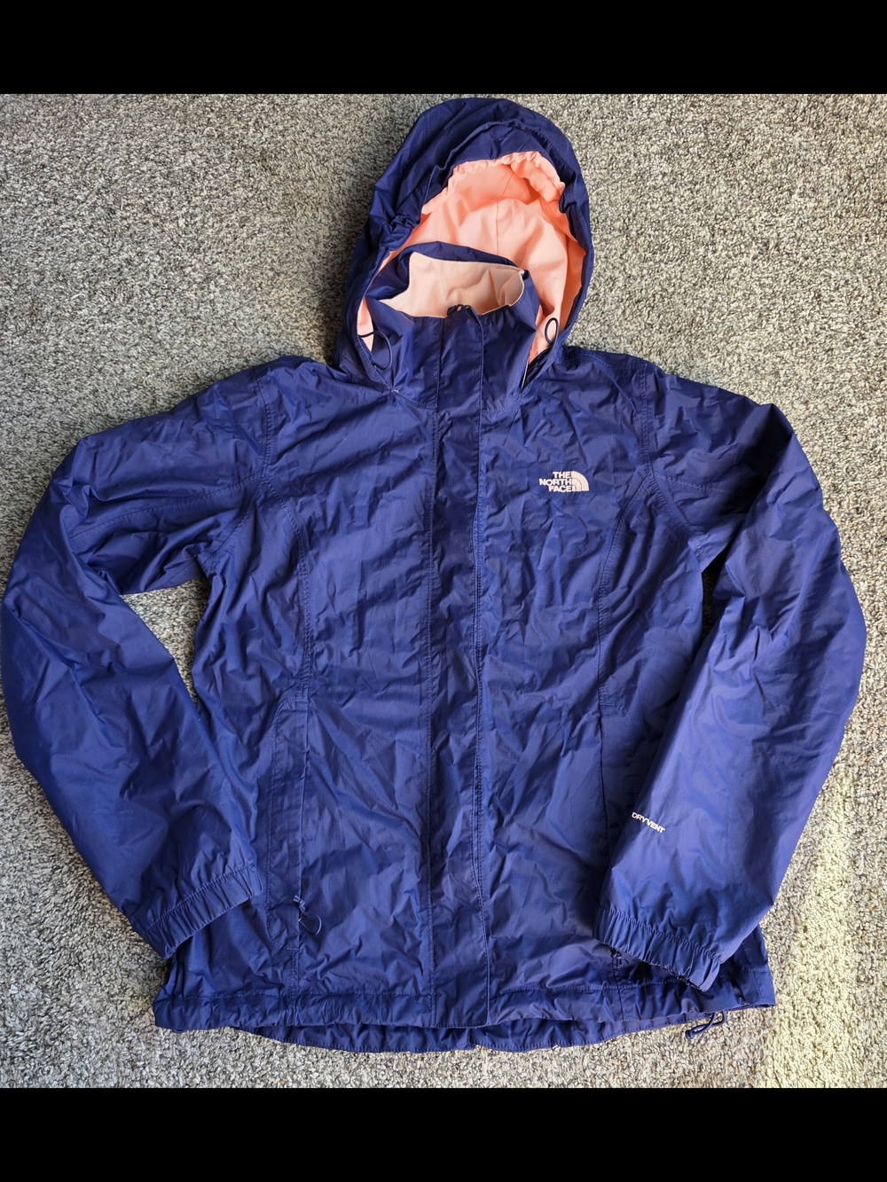 The North Face Women's Navy Blue Hooded Rain Jacket with Coral Lining